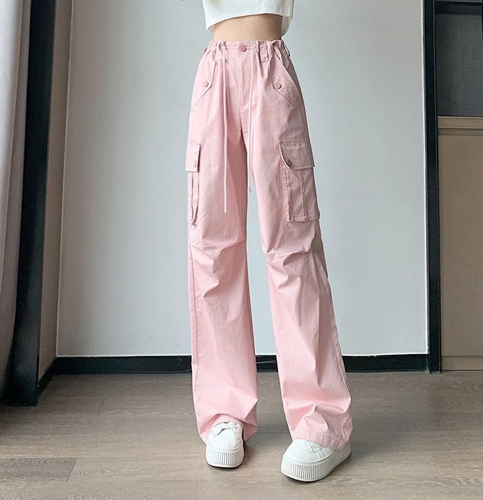 High-Rise Drawstring Straight Leg Cargo Pants Product Image