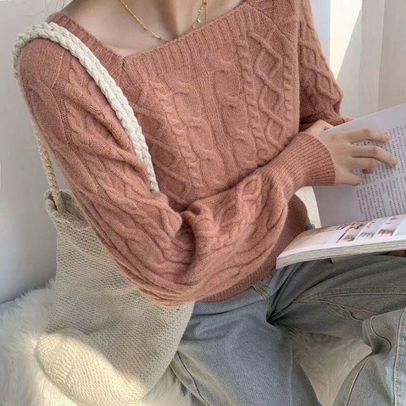 Balloon-Sleeve Cable Knit Plain Sweater Product Image