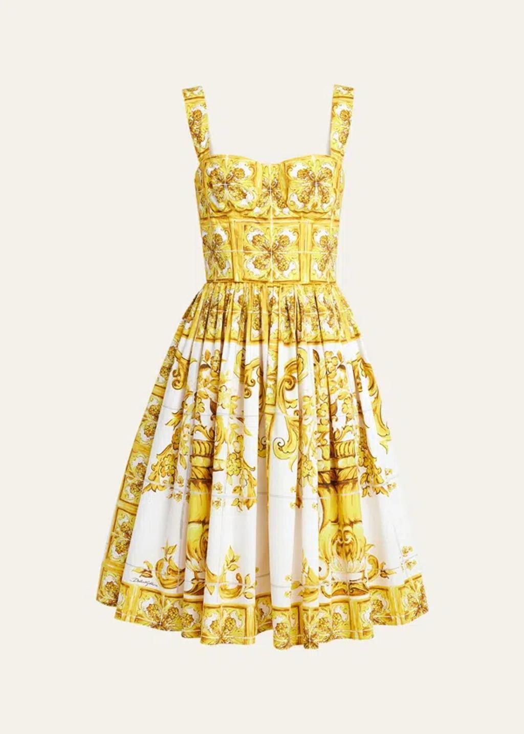 DOLCE & GABBANA Tile-print Pleated Poplin Bustier Dress In Yellow Product Image