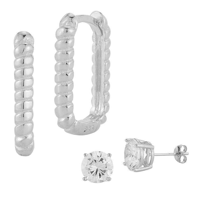 Sunkissed Sterling Cubic Zirconia Stud & Hoop Earring Set, Womens, Silver Tone Product Image