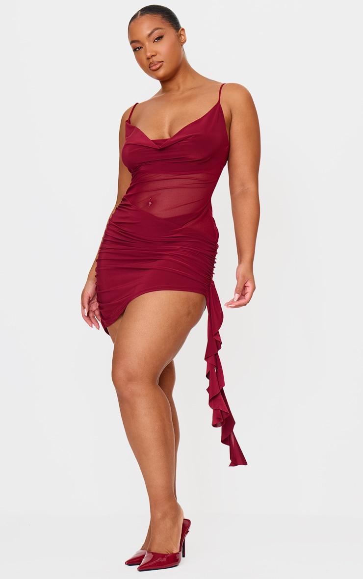 Plus Wine Double Layer Slinky Mesh Panel Bodycon Dress Product Image