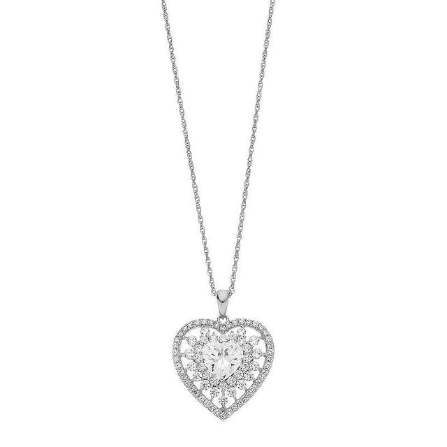 Sterling Silver Cubic Zirconia Heart Pendant Necklace, Womens White Product Image