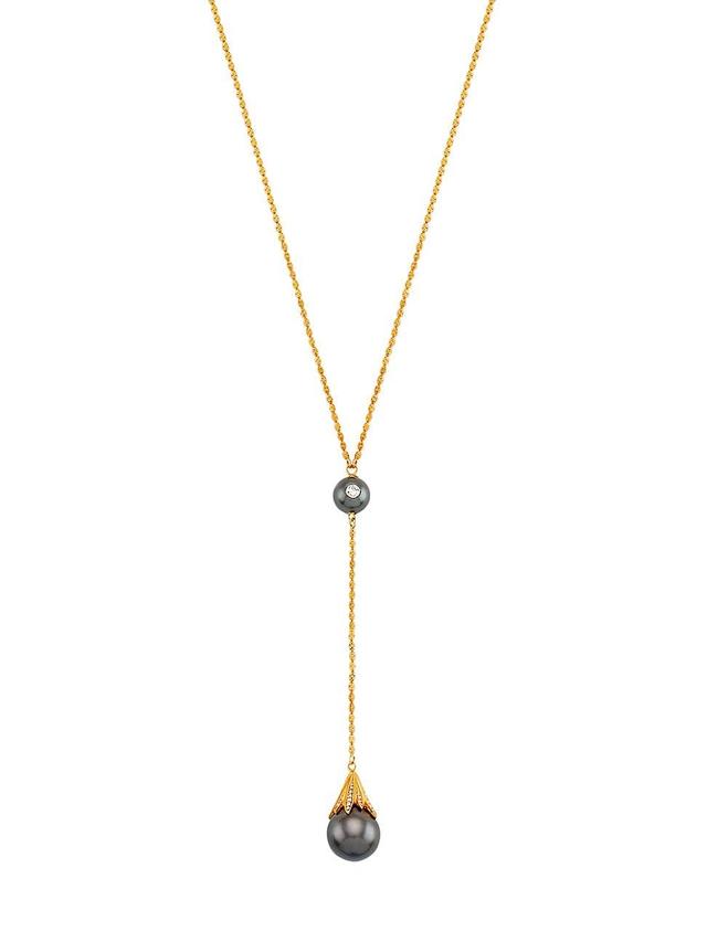 Womens 18K Yellow Gold, Tahitian Pearl & 0.46 TCW Diamond Lariat Necklace Product Image