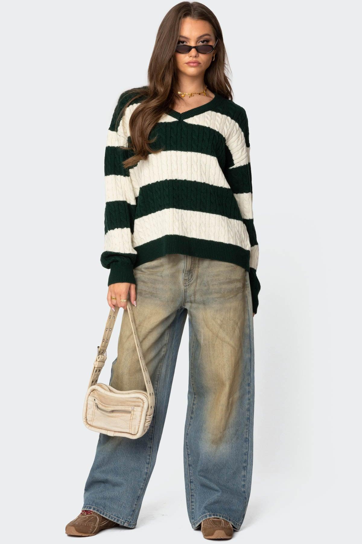 Oversized Striped Cable Knit Sweater Product Image