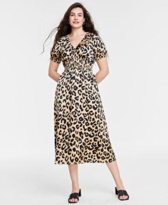 Womens Leopard-Print V-Neck Midi Dress, Created for Macys Product Image