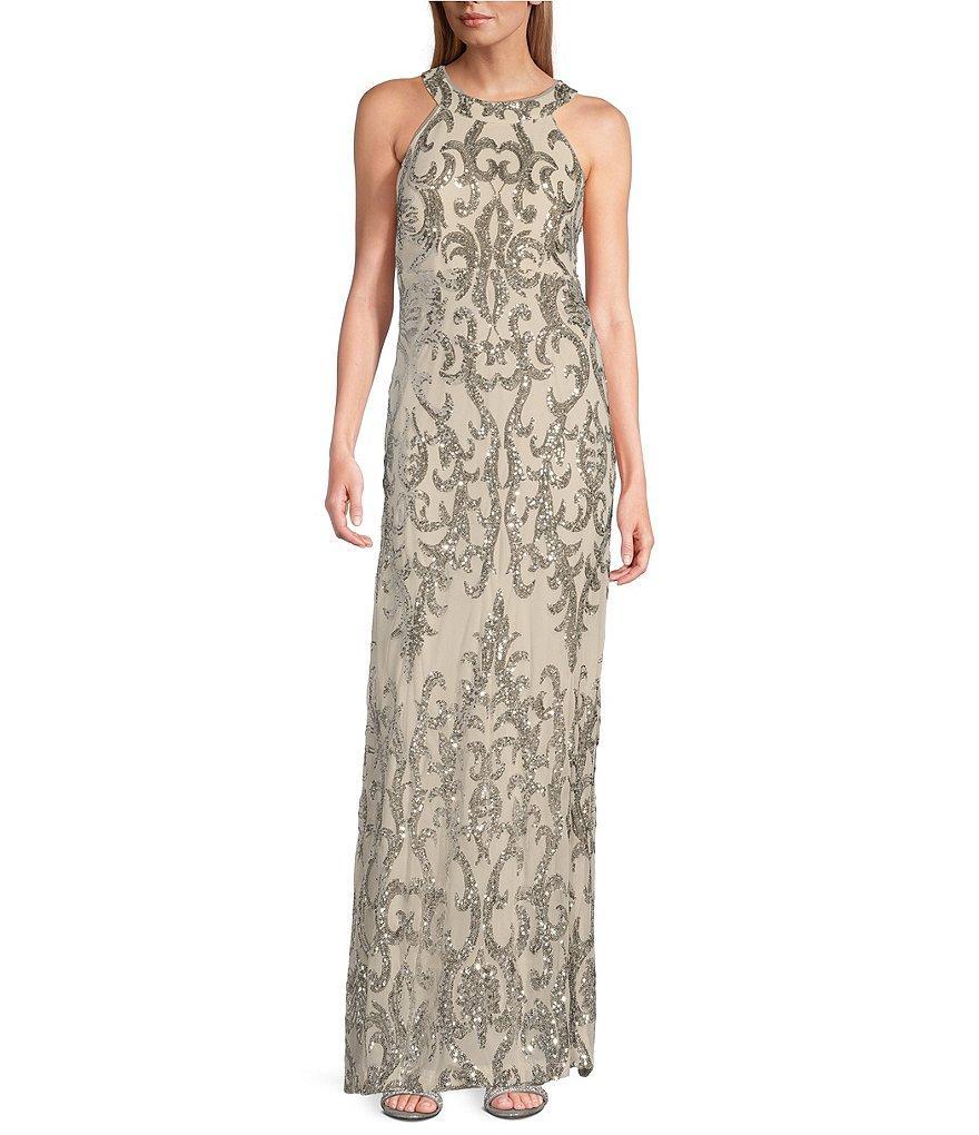 R & M Richards Halter Neck Sleeveless Embroidered Sequin Sheath Dress Product Image