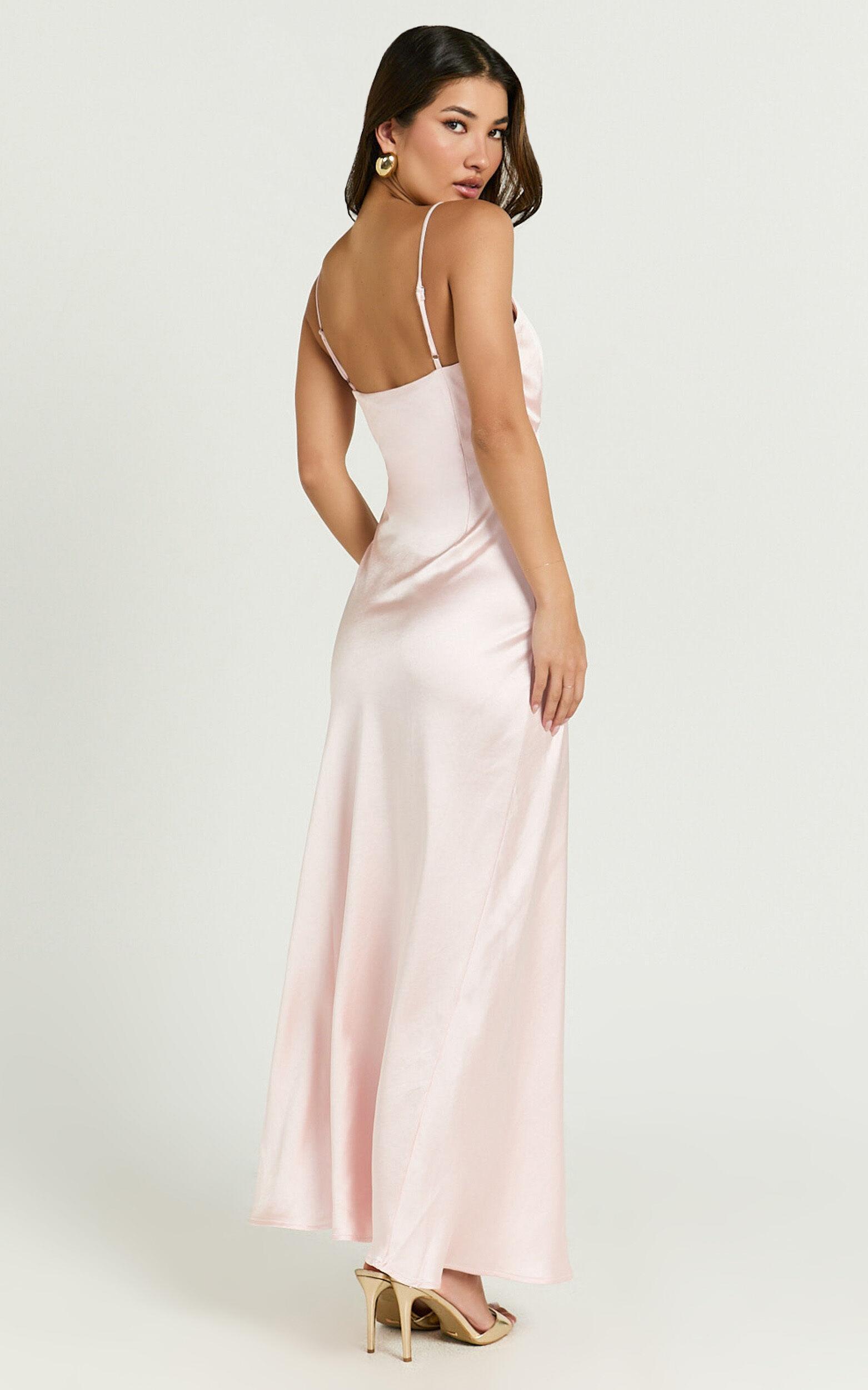 Lorenzia Maxi Dress - Plunge Corset Underbust Detail Satin Dress in Light Pink Product Image