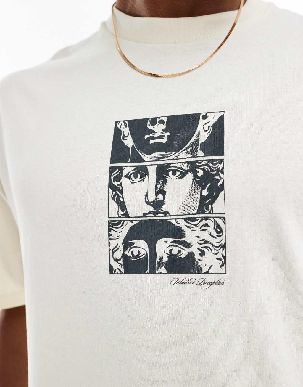 Selected Homme oversized T-shirt with statue chest print in cream Product Image