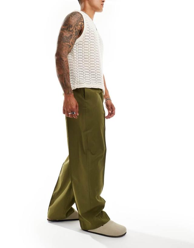 ASOS DESIGN pull on smart wide leg elasticated waistband pants in green Product Image