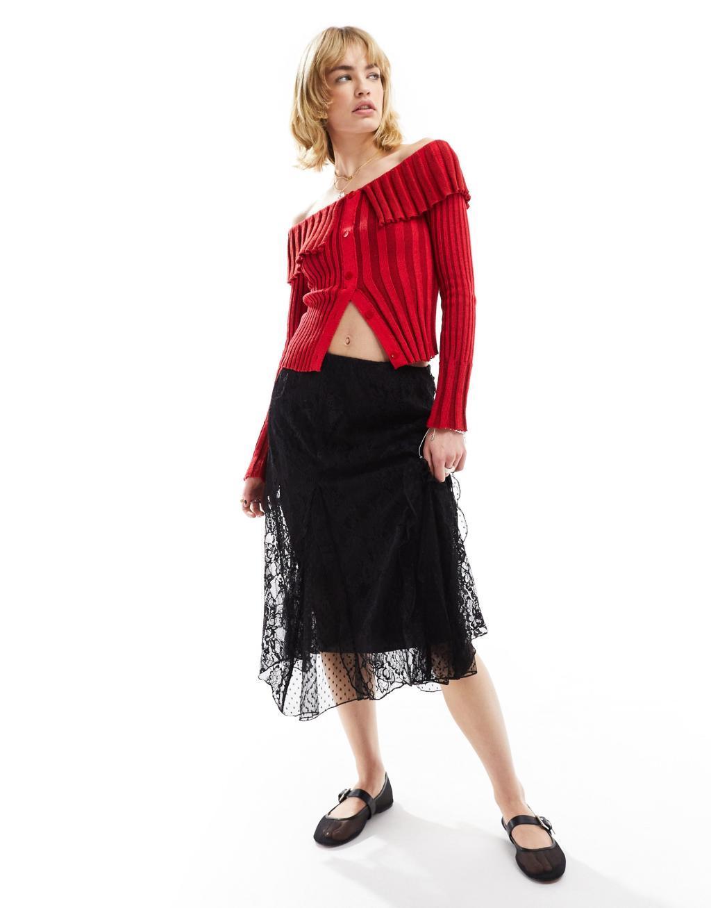 Reclaimed Vintage pleated ribbed knit off shoulder top in red Product Image