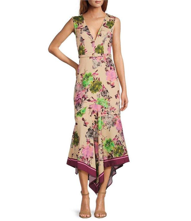 Belle Badgley Mischka Saylor Crepe Printed V Neck Dress Product Image