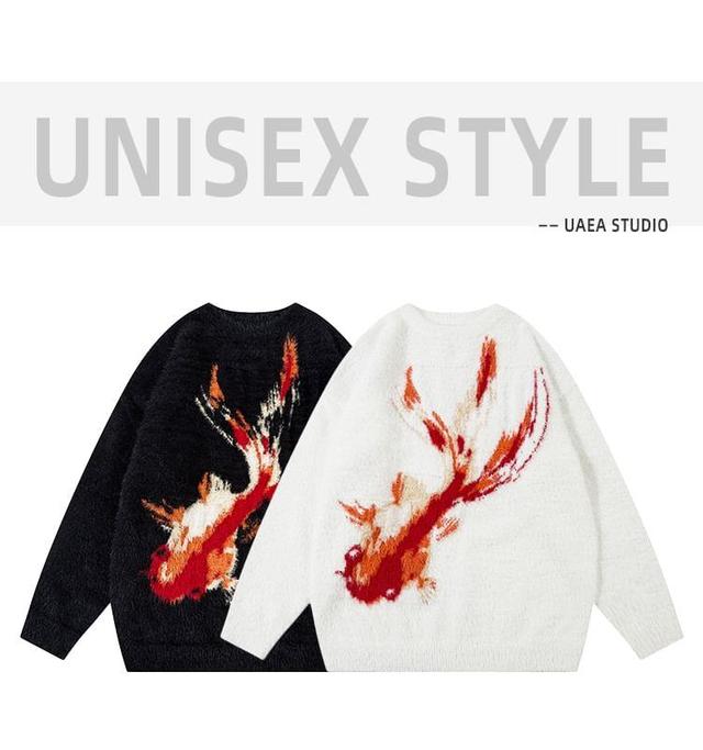 Couple Matching Crew Neck Goldfish Patterned Sweater Product Image