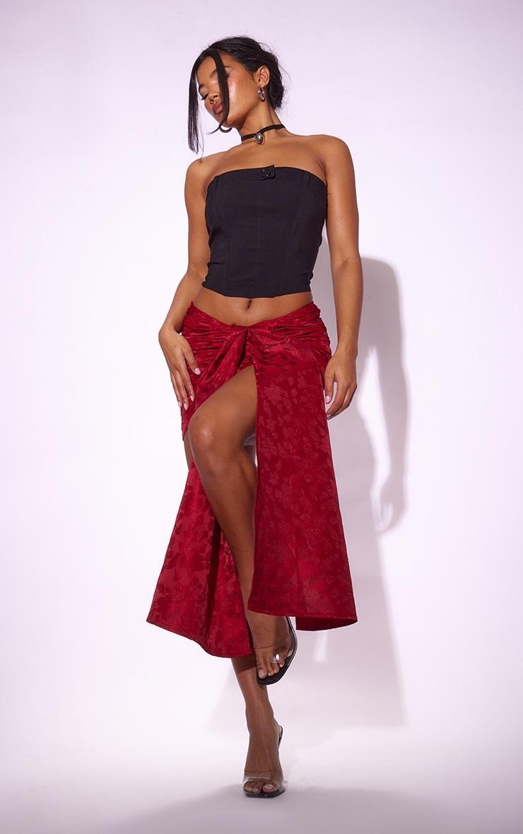  Red Jacquard Woven Drape Front Mini Skirt Product Image