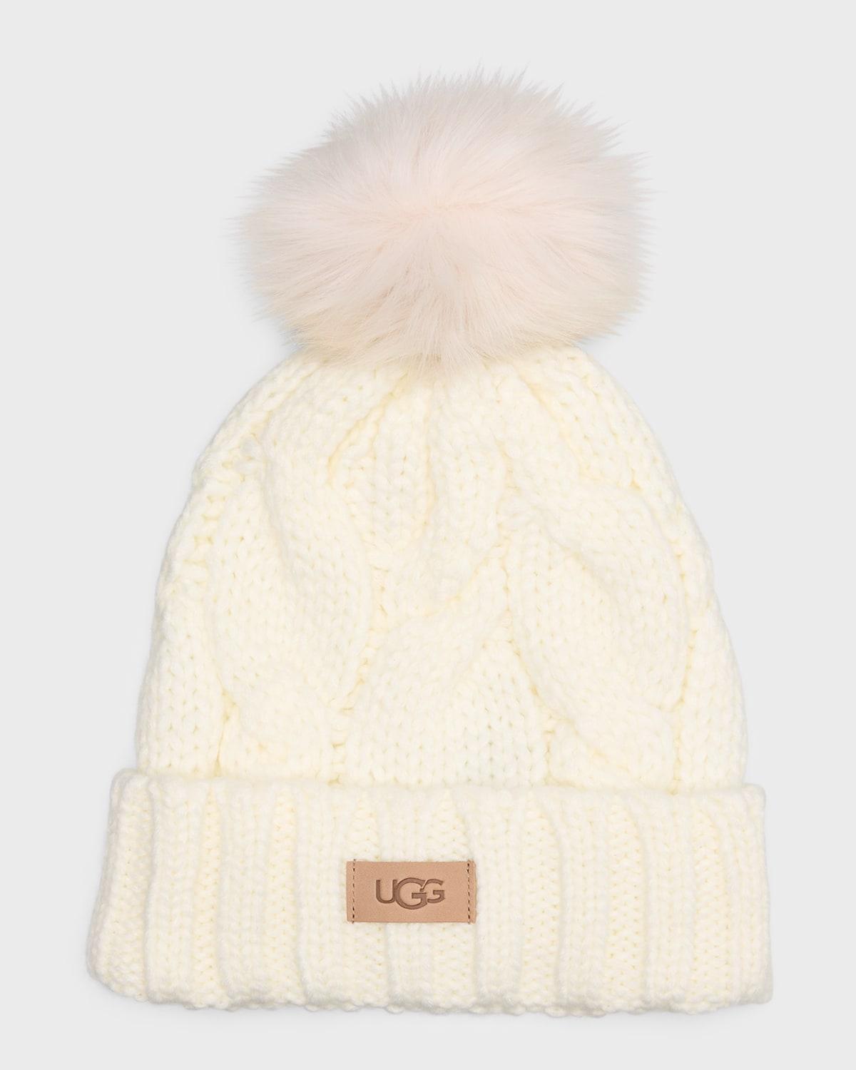 Cable Knit Beanie With Faux Fur Pom Product Image