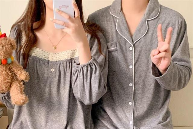 Couple Matching Long-Sleeve Pajama Top / Pants / Dress / Set Product Image