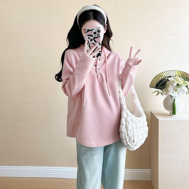 Maternity Long-Sleeve Henley Plain Hooded Tee Product Image