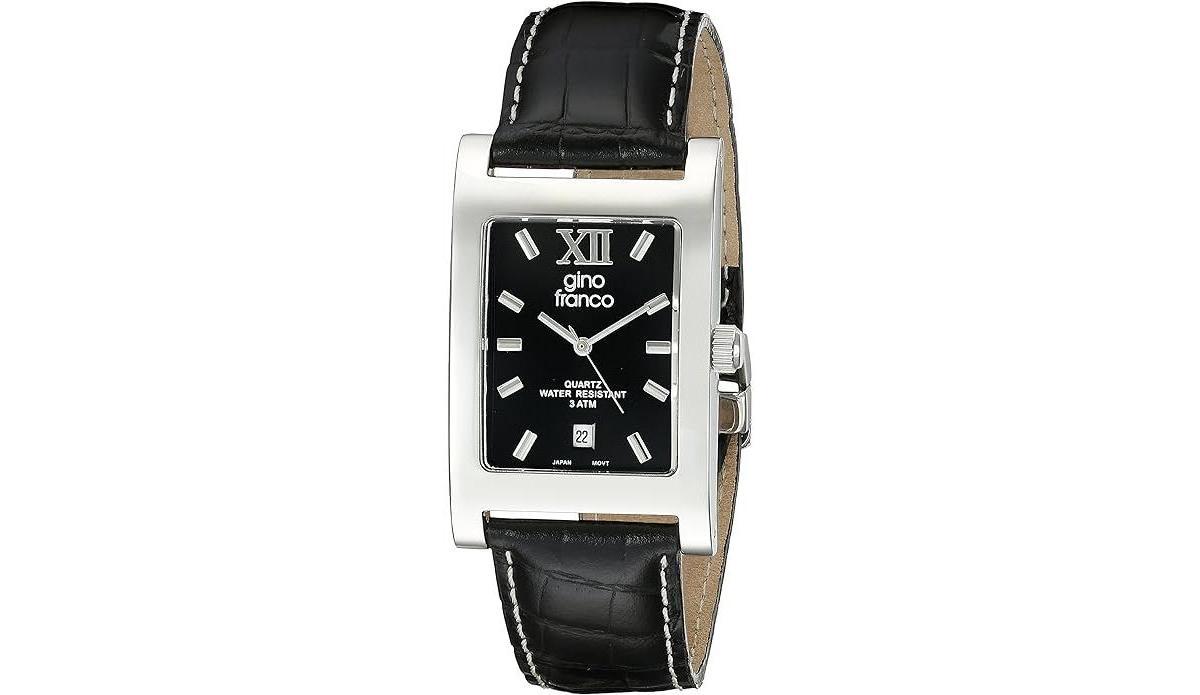 Gino Franco Mens Rectangular Stainless Steel Watch Matched with Croco Embossed Italian Leather Strap Product Image