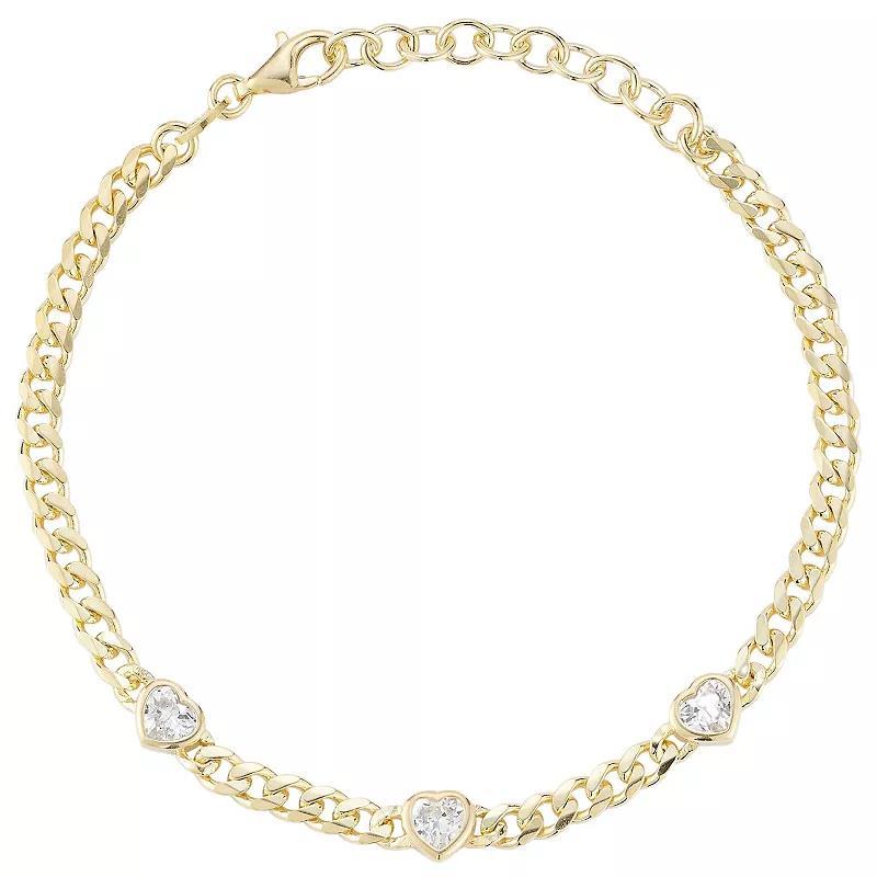 Sunkissed Sterling Cubic Zirconia Tri-Heart Curb Chain Bracelet, Womens Gold Tone Product Image