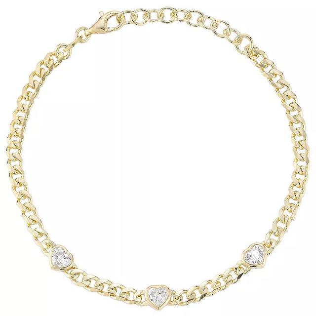 Sunkissed Sterling Cubic Zirconia Tri-Heart Curb Chain Bracelet, Womens Gold Tone Product Image