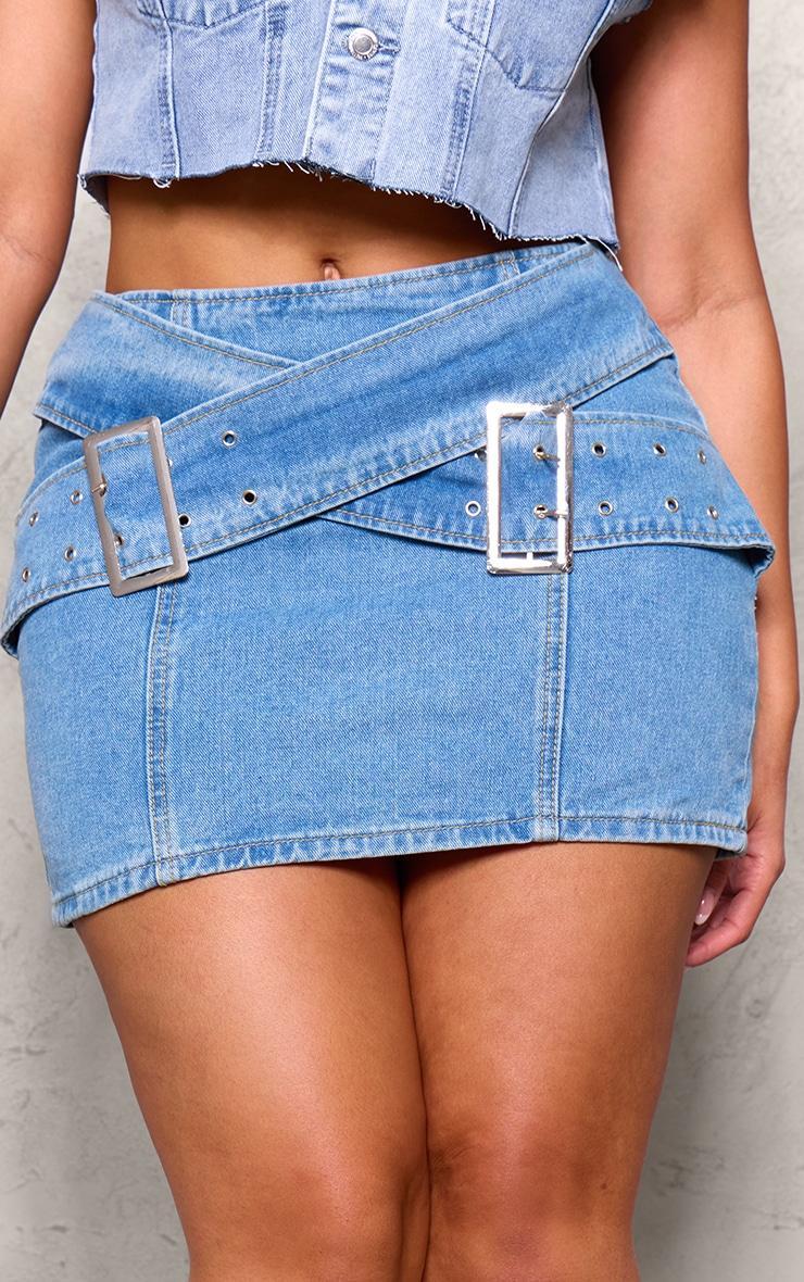 Shape Light Blue Denim Belted Mini Skirt Product Image