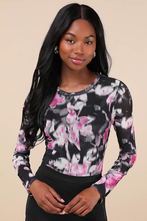 Azure Black Floral Mesh Long Sleeve Bodysuit Product Image