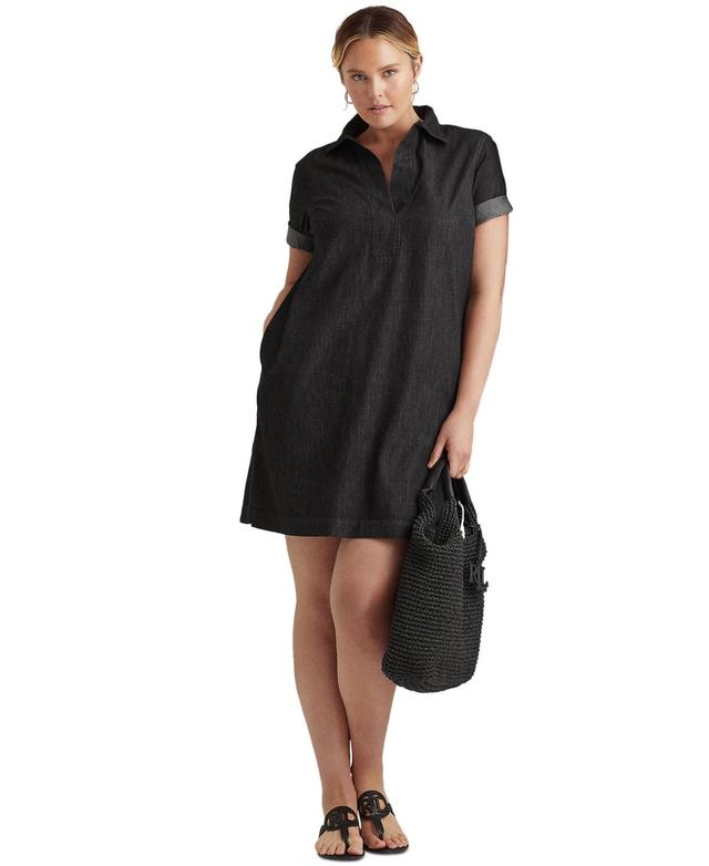 Lauren Ralph Lauren Plus Size Split Point Collar Short Sleeve Denim Shift Dress Product Image