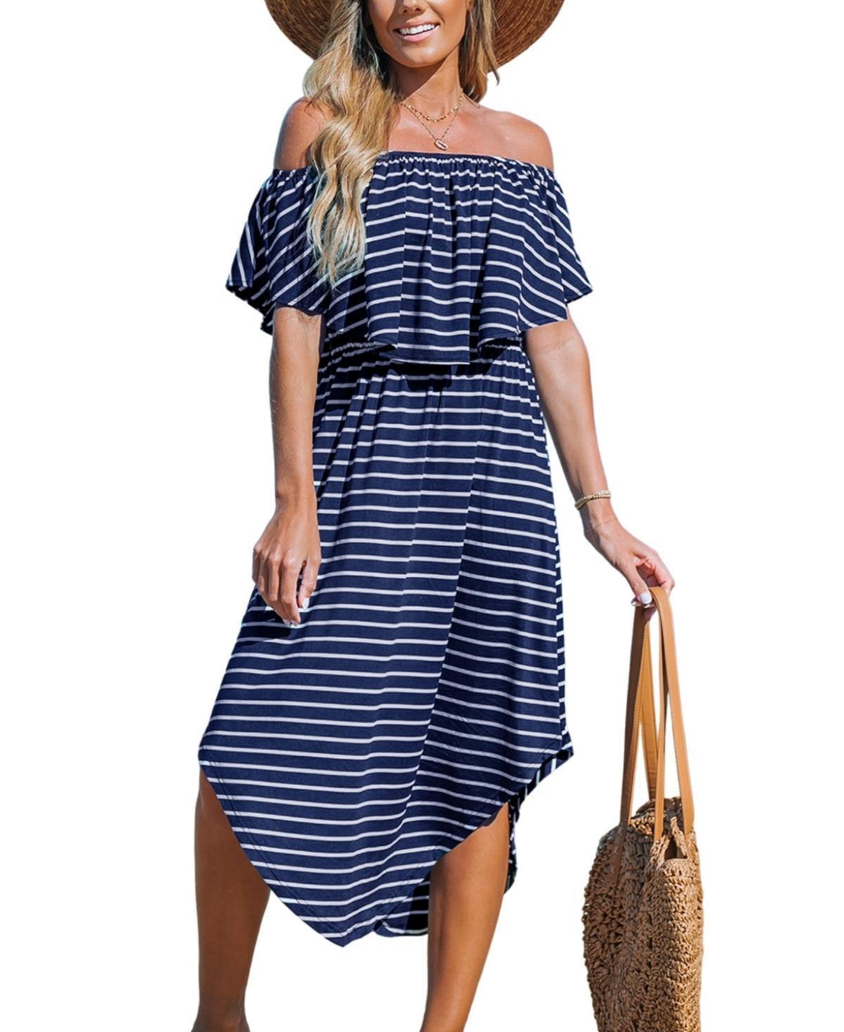 Cupshe Womens Navy-and Stripe Off-Shoulder Flounce Bodice Midi Beach Dress - White Product Image