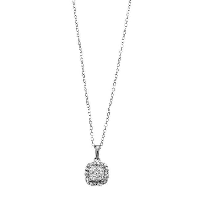 Sterling Silver 1/4 Carat T.W. Diamond Cushion Halo Pendant Necklace, Womens White Product Image