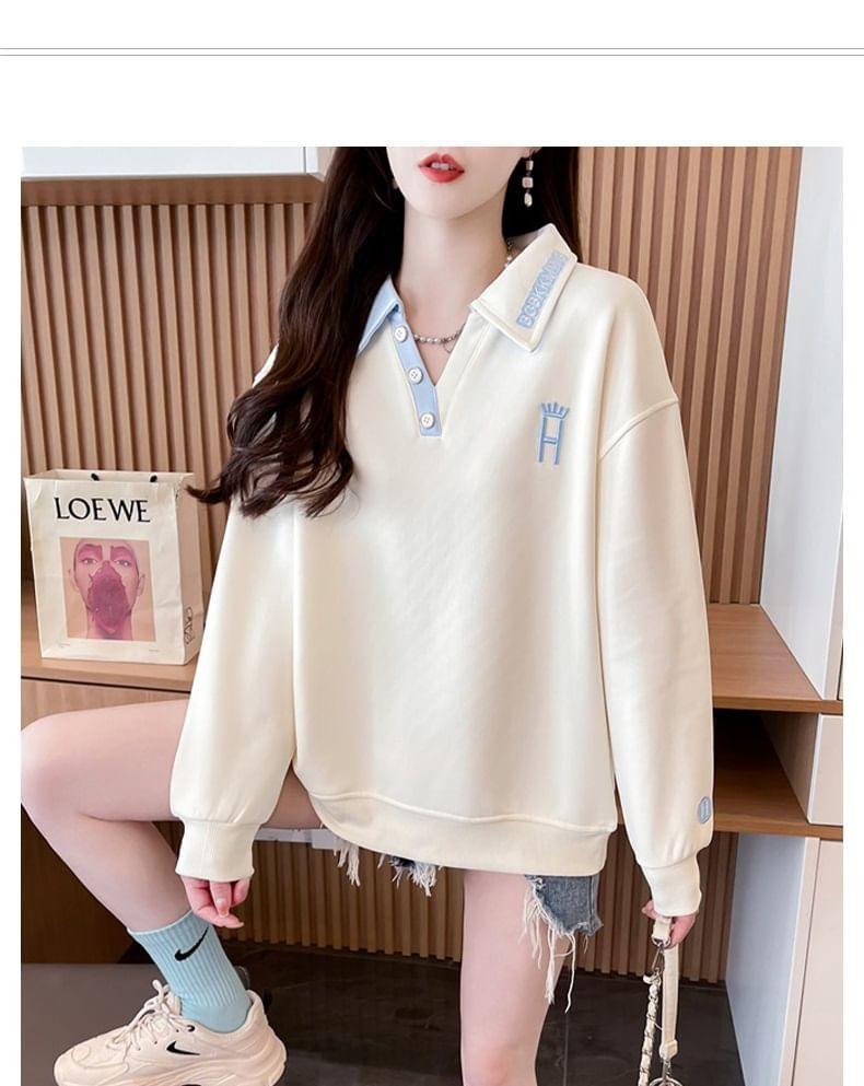 Collared Lettering Embroidered Contrast Trim Sweatshirt Product Image