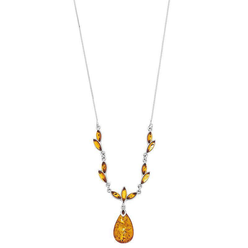 Platinum Over Silver Amber Teardrop Pendant Necklace, Womens, Sterling Product Image