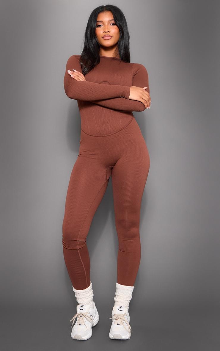 Chocolate Snatched Rib Long Sleeve Corset Detail Jumpsuit Product Image