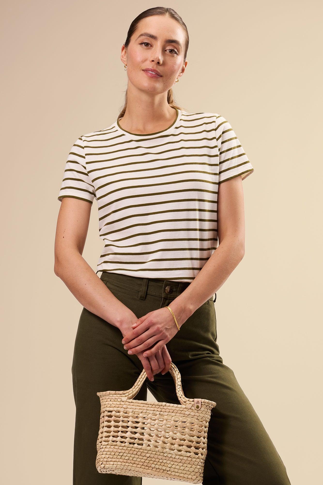 Berkeley Organic Cotton Tee - Ivory Olive Stripe Product Image