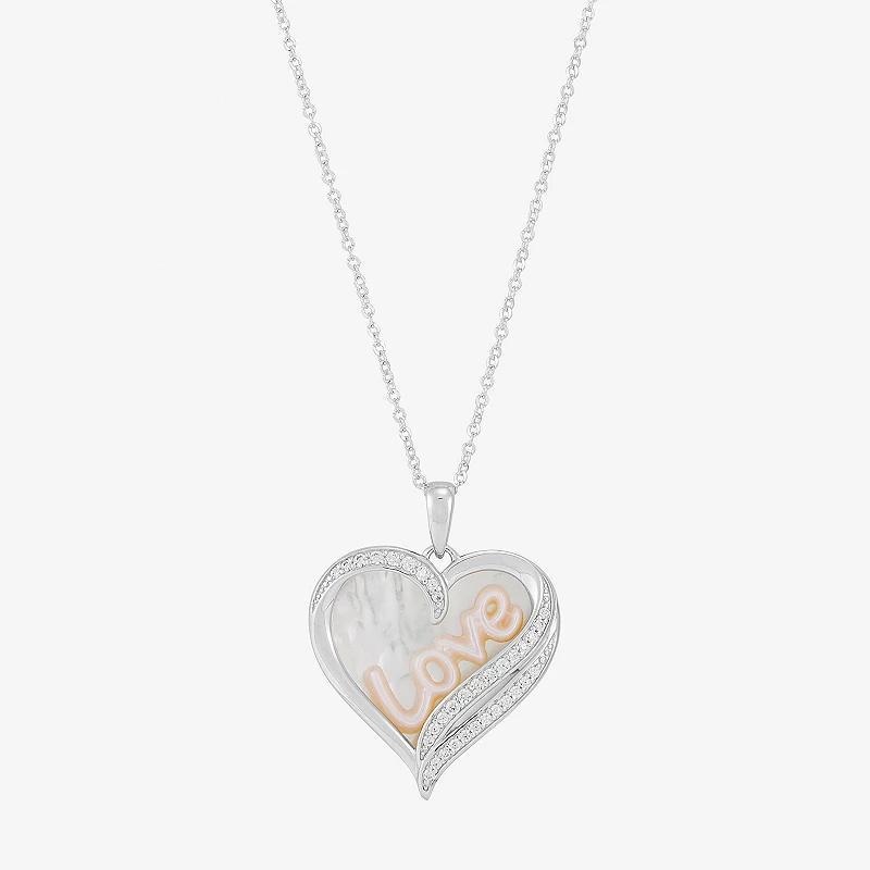 Sterling Silver Cubic Zirconia & Mother of Pearl Love Heart Pendant Necklace, Womens Product Image