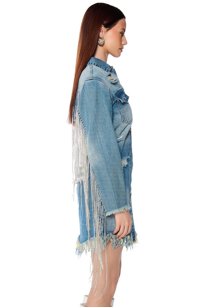 DOLLYS SIS RHINESTONE LONG DENIM JACKET Product Image