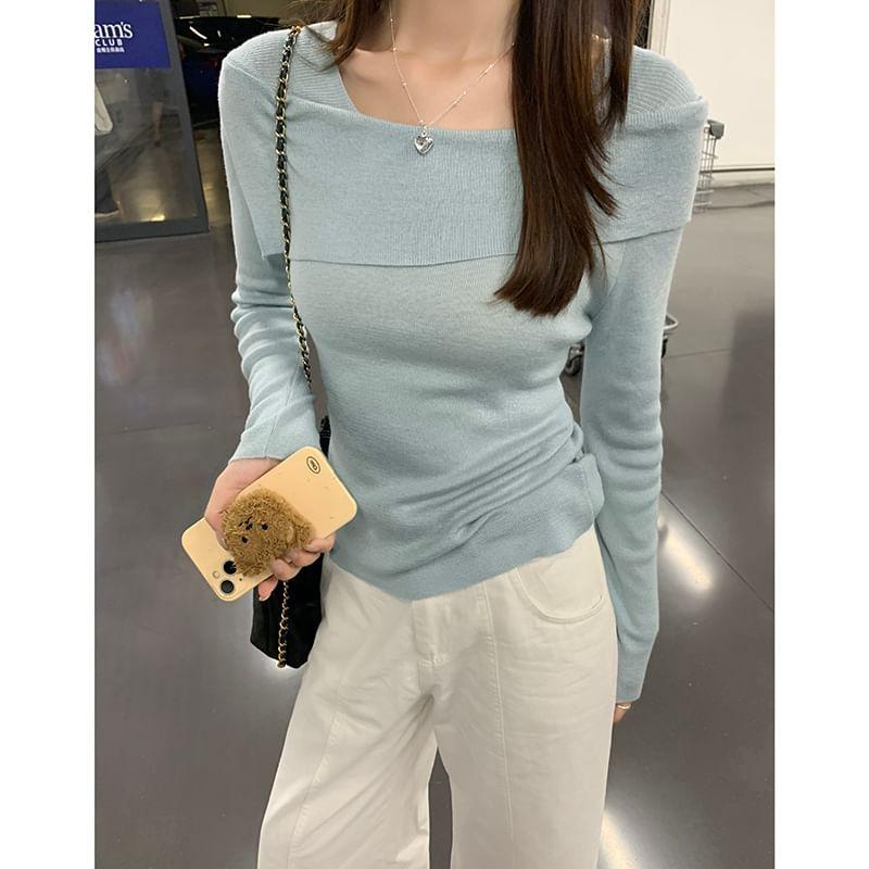 Long-Sleeve Asymmetrical Neck Plain Slim Fit Knit Top Product Image