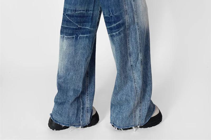 Mid Rise Washed Panel Wide Leg Jeans Product Image