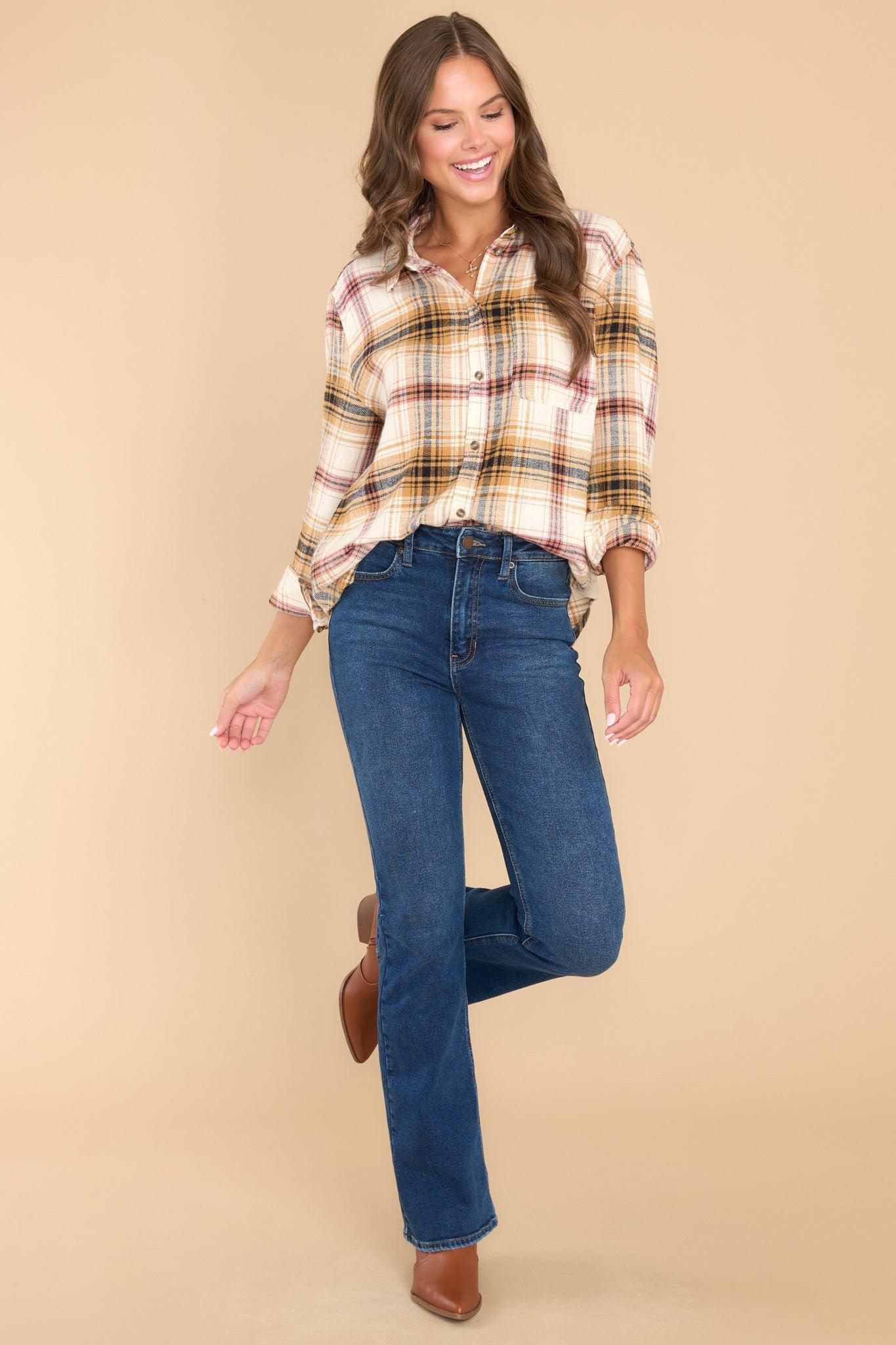 Electric Love Tan Multi Plaid Top Yellow Product Image