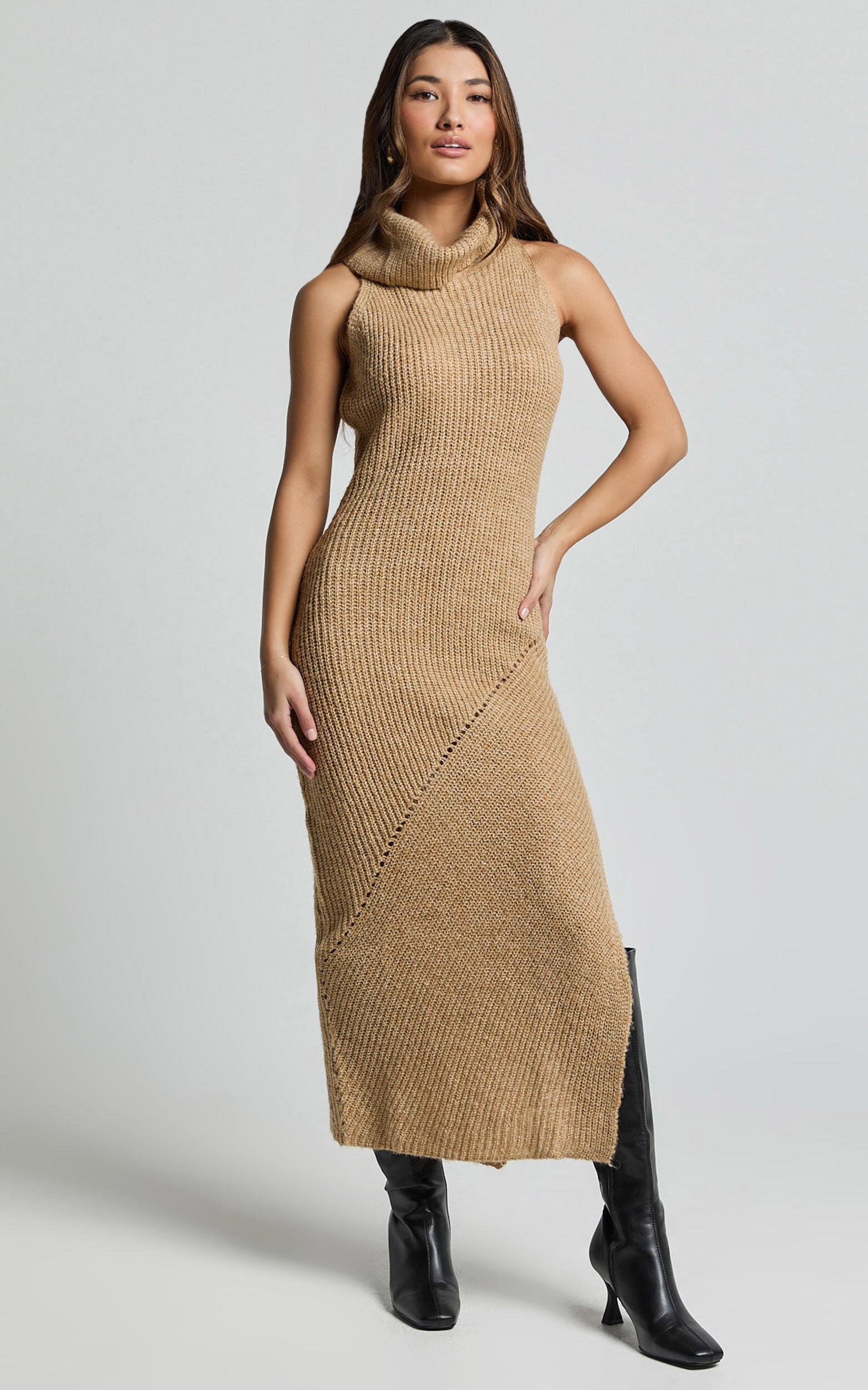 Alaina Midi Dress - Recycled Polyester Knitted Roll Neck Dress in Caramel Product Image