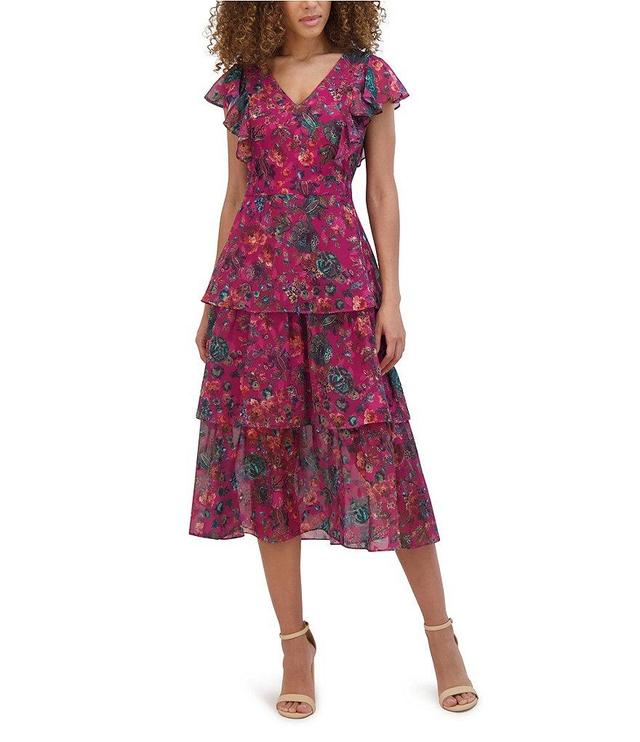 Kensie Floral Burnout Chiffon V-Neck Flutter Sleeve Tiered Midi Dress Product Image