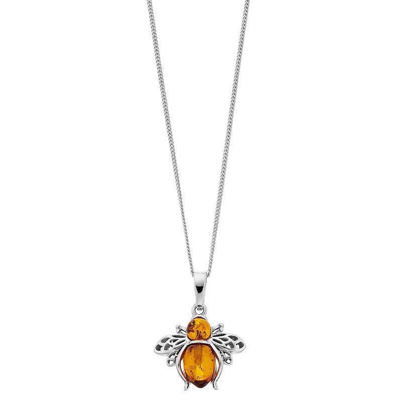 Sterling Silver Amber Bee Pendant Necklace, Womens Product Image