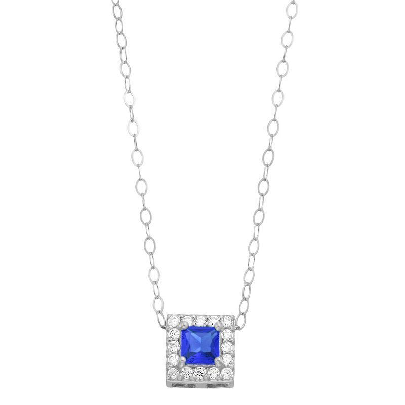 Aleure Precioso Sterling Silver Lab-Created Gemstone & Cubic Zirconia Square Halo Necklace, Womens Blue Product Image