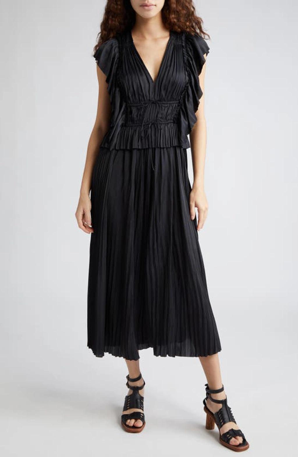 Letty Pleated Ruffle Satin Midi Dress In Noir Product Image