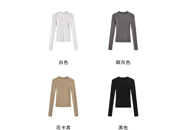 Long Sleeve Crew Neck Plain Ribbed Knit Top Product Image