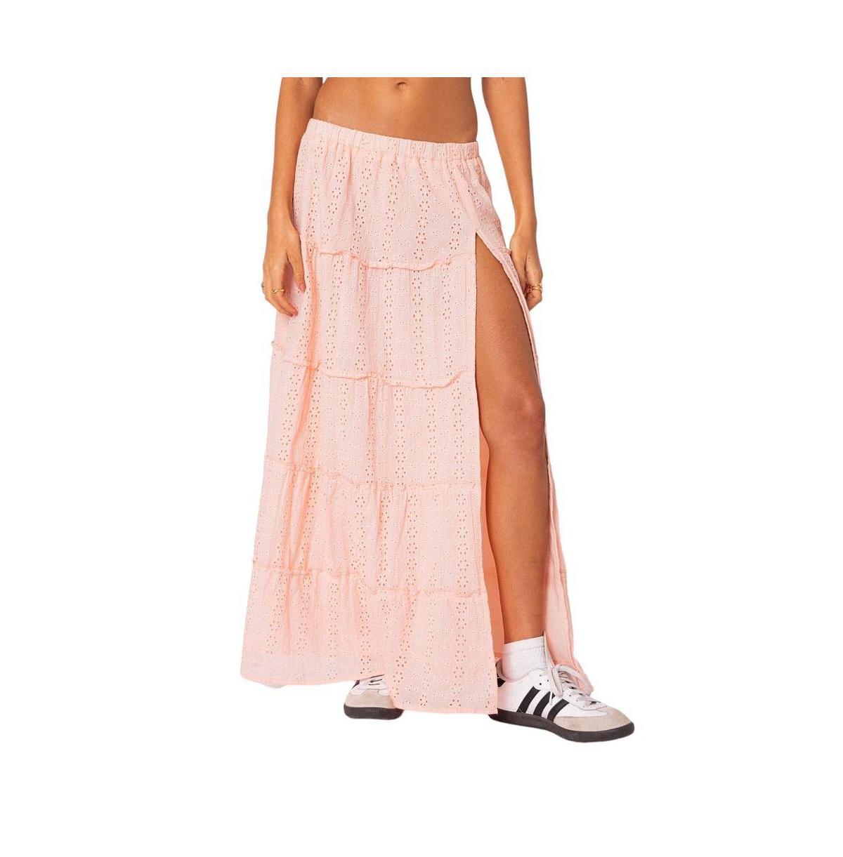 Edikted Womens Tiered Eyelet Slitted Maxi Skirt Product Image