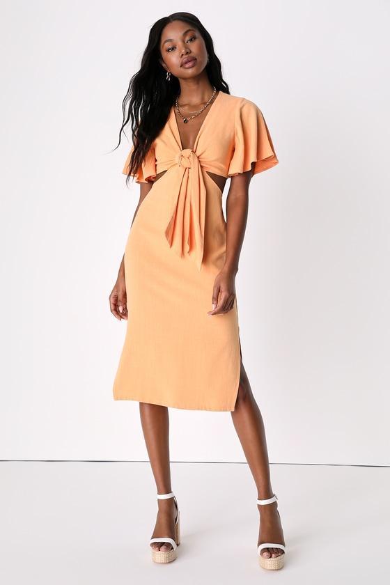 Summer Journey Light Orange Tie-Front Cutout Midi Dress Product Image