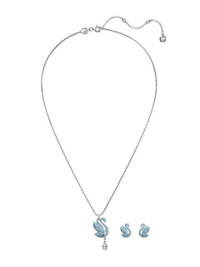 Swarovski Silver-Tone 2-Pc. Set Blue & White Crystal Iconic Swan Pendant Necklace & Matching Stud Earrings Product Image