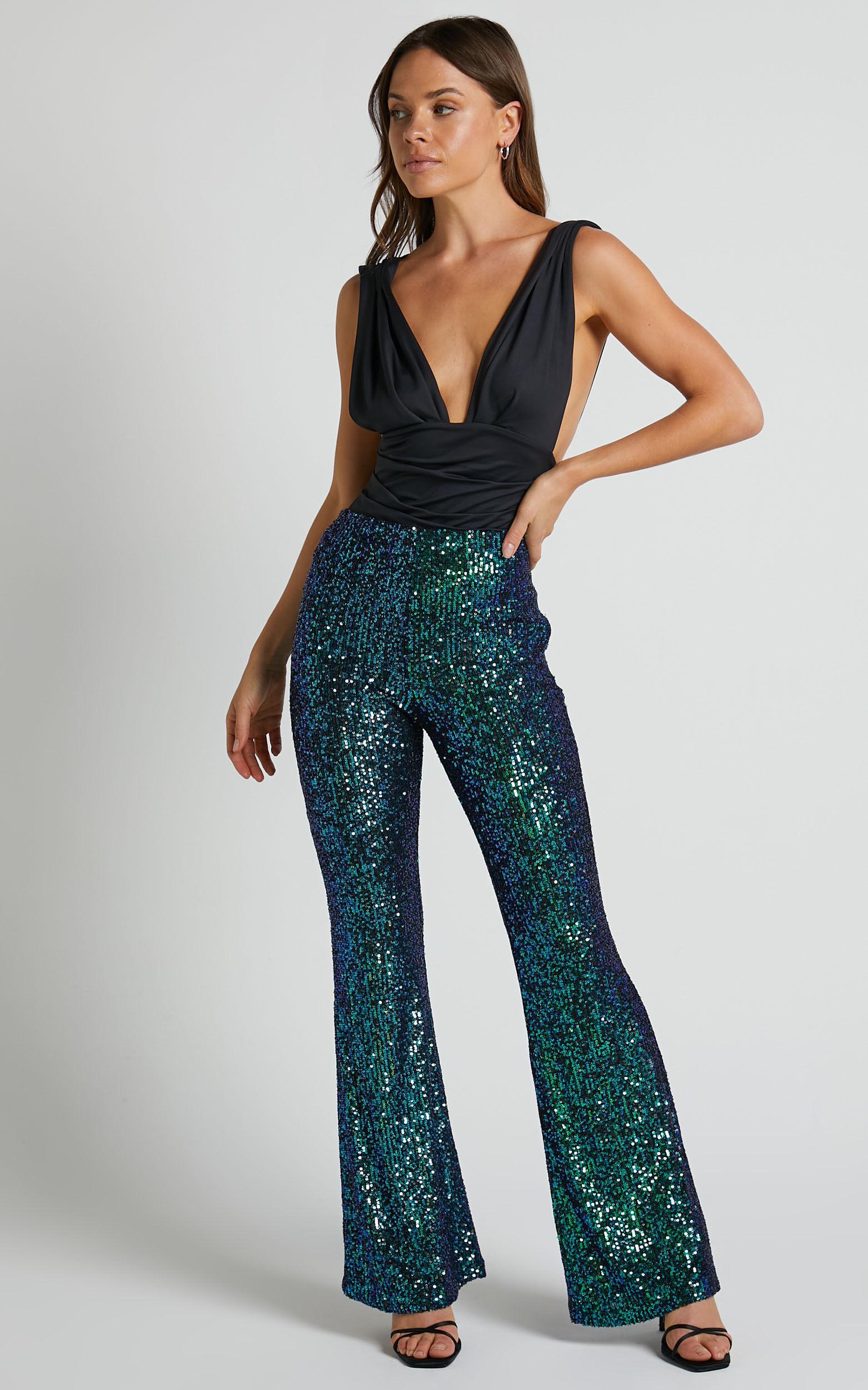 Deliza Pants - Mid Waisted Sequin Flare Pants in Mermaid Teal Product Image