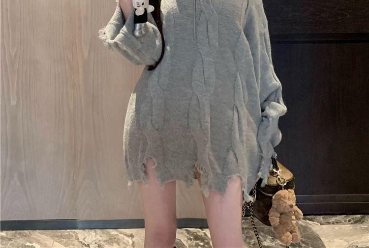 Off-Shoulder Plain Distressed Cable Knit Oversized Sweater Product Image