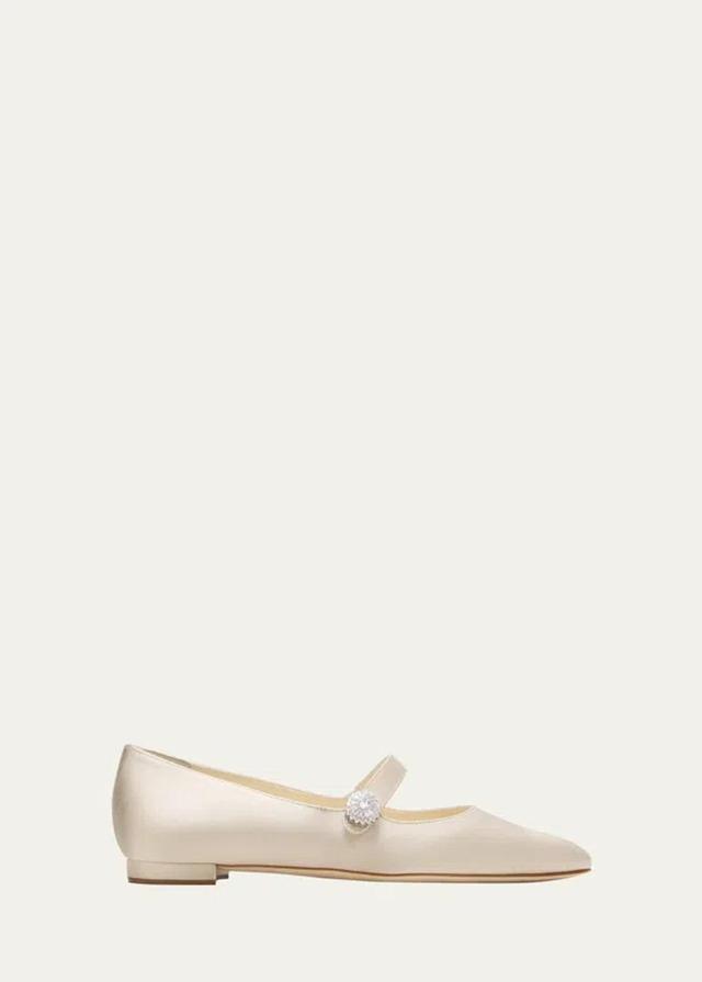 MANOLO BLAHNIK Satin Crystal Mary Jane Ballerina Flats In Beige O Tan Product Image