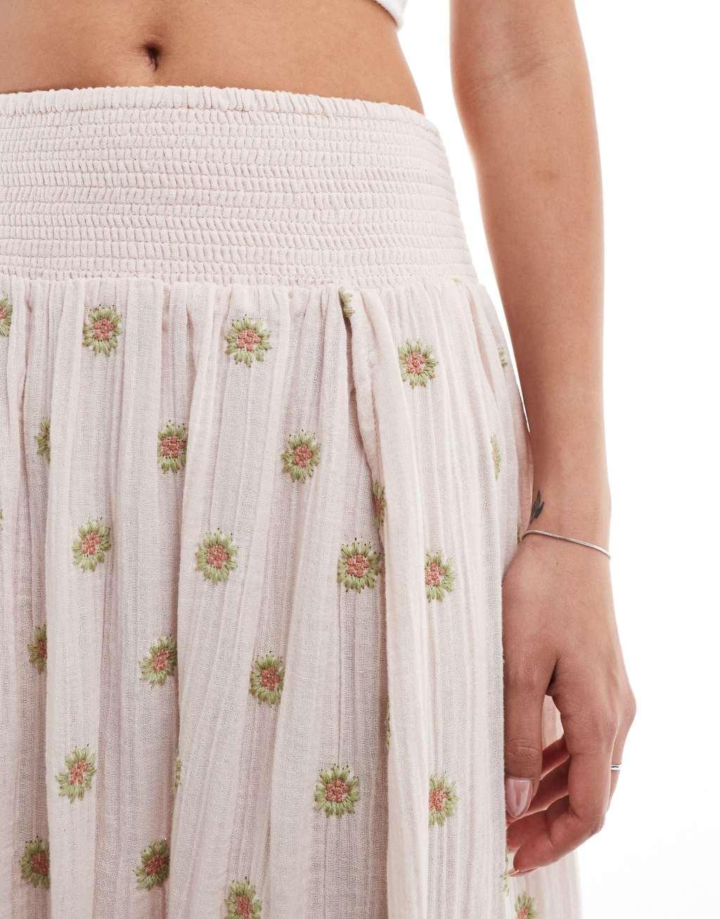 Free People floral print midi skirt with slit in neutral Product Image